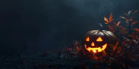 A pumpkin with a lit candle on top of a pile of leaves. The scene is set in a dark, eerie forest, with the pumpkin and leaves creating a spooky atmosphere