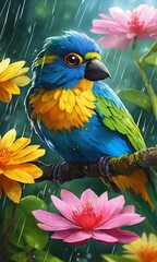 Create a costa rican the most bright bird in the flowers under the rain