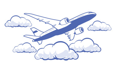 Plane above clouds. Silhouette airliner flying in sky. Vector icon on transparent background