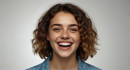 young british teenage girl on plain bright white background laughing hysterically looking at camera background banner template ad marketing concept from Generative AI - obrazy, fototapety, plakaty