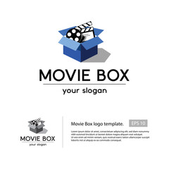 Obraz premium Movie box logo with a blue box that filled with film maker properties such movie roll, that suitable for your movie studio logo.