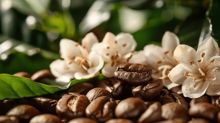 Beans with coffee flowers, depicting origin and natural beauty, Focus on Coffee Bean