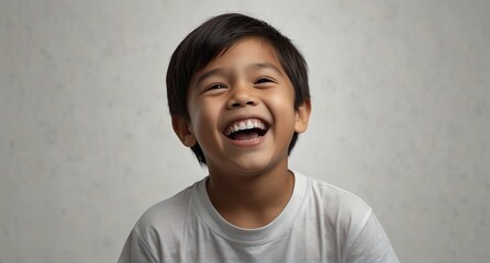 young filipino child boy on plain bright white background laughing hysterically looking at camera background banner template ad marketing concept from Generative AI - obrazy, fototapety, plakaty