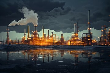 Naklejka premium Polluting Petroleum production factory power. Metal pipeline. Generate Ai