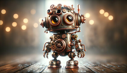 A charming steampunk-style robot stands to attention, a whimsical work of digital artistry - 779825848