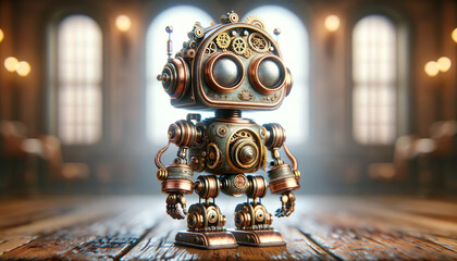 A charming steampunk-style robot stands to attention, a whimsical work of digital artistry - 779825896