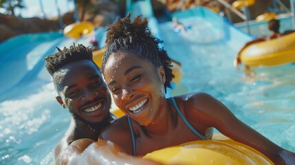 Smiling couple on a water park tube slide, caught in a moment of joy, perfect for a summer vacation guide.