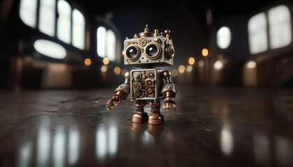 A charming steampunk-style robot stands to attention, a whimsical work of digital artistry - 779826019