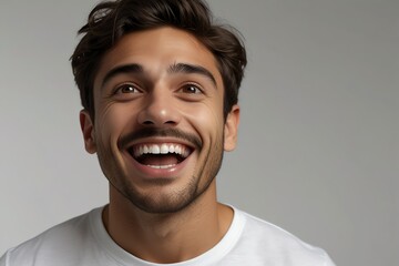 young italian man on plain bright white background laughing hysterically looking at camera background banner template ad marketing concept from Generative AI