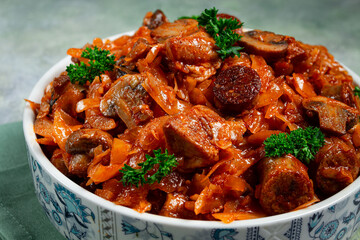 Bigos, bigus is a national Polish dish, made of cabbage and meat, stewed, homemade, no people,