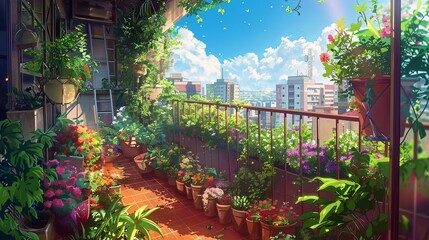 Lush urban balcony garden bursting with colorful flowers and plants, creating a small oasis in the heart of the city. Urban Balcony Garden Overflowing with Flowers

