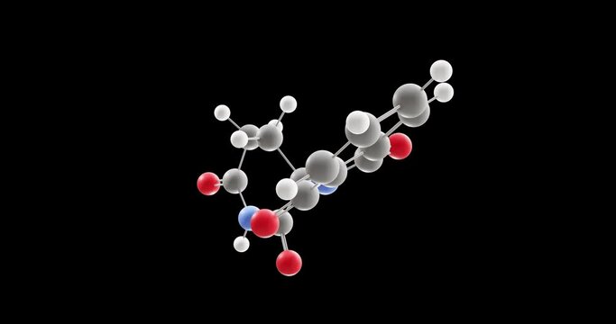 Thalidomide molecule, rotating 3D model of cancer medication, looped video on a black background