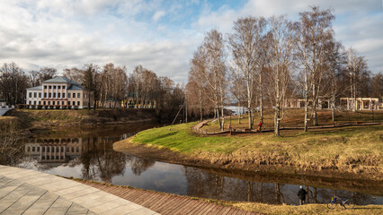 The view to The bridge and Kremlin of the ancient Russian city of Uglich. Cityscape.