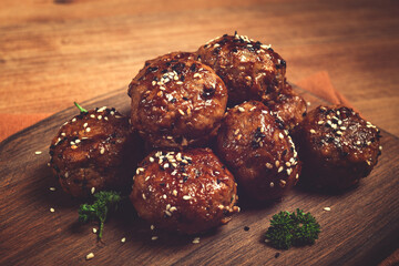 Tsukune, Japanese meatballs, minced chicken, fried on a skewer, with yakitori sauce, homemade, no people,