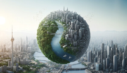 Globe Floating Between Cityscape and Rainforest, Contrasting Worlds