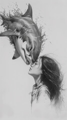 A woman kissing a shark with her mouth open