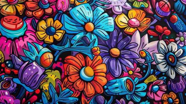 A painting of colorful flowers on a black background