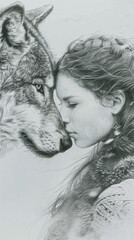 A drawing of a woman and a wolf