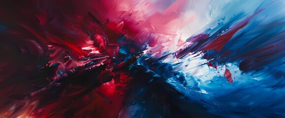 Ruby red and sapphire blue merge in a dramatic abstract collision, evoking a sense of passionate intensity.