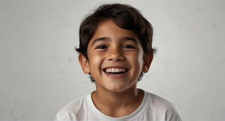 young mexican child boy on plain bright white background laughing hysterically looking at camera background banner template ad marketing concept from Generative AI