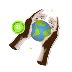 Pixel art of hands holding globe. 22 April is World Earth day. Hands saving the planet concept. Torn out paper halftone collage art. Nostalgia vector illustration.