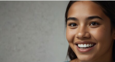 young native hawaiian teenage girl on plain bright white background laughing hysterically looking at camera background banner template ad marketing concept from Generative AI