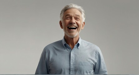 young white elderly man on plain bright white background laughing hysterically looking at camera background banner template ad marketing concept from Generative AI