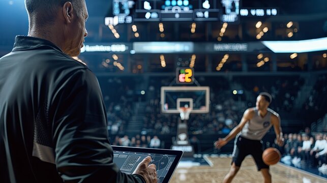 In a dynamic basketball match, the coach focuses on a tablet, strategizing as a player dribbles intensely in the background. Coach Analyzing Player During Basketball Game

