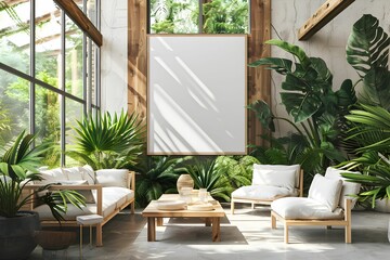 Obraz premium Frame & poster mockup in with Bright and airy conservatory with glass walls, lush plants, and comfortable lounge chairs