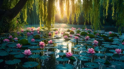 Fototapeten A tranquil pond with lily pads and blooming lotuses, surrounded by weeping willow trees © forall