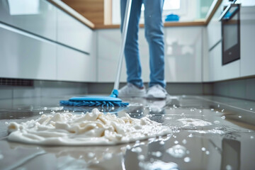 Young man mopping floor in modern kitchen, closeup - 779827640