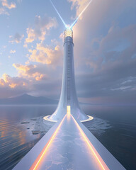 Futuristic lighthouse with beams projecting paths in multiple directions, illustrating the broad spectrum of exploration driven by a clear vision