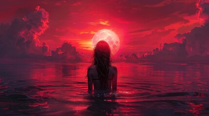 Summer vacation illustration of a swimmer admiring a pink sunset