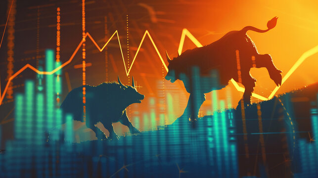 The silhouette of a bullish and bearish figure pulling at a graph line, depicting the volatility of the stock market and its impact on investment growth