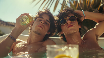 Two young men are in a pool, one of them holding a bottle of beer