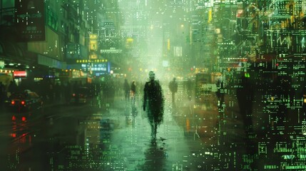 A man walks down a street in a city with a green tint. The scene is a representation of a futuristic cityscape