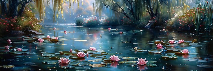 A tranquil pond with lily pads and blooming lotuses, surrounded by weeping willow trees