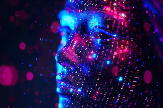 Photorealistic glitch-art digital ghost close-up portrait with face waved of neon binary code tiny glowing numbers.