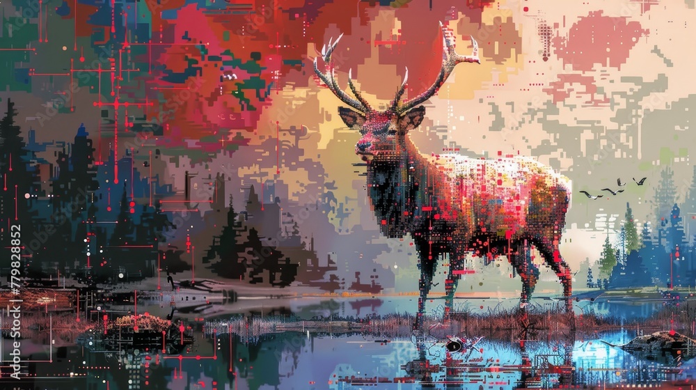 Poster a deer is standing in a forest with a red sky in the background. the image has a surreal and dreamli
