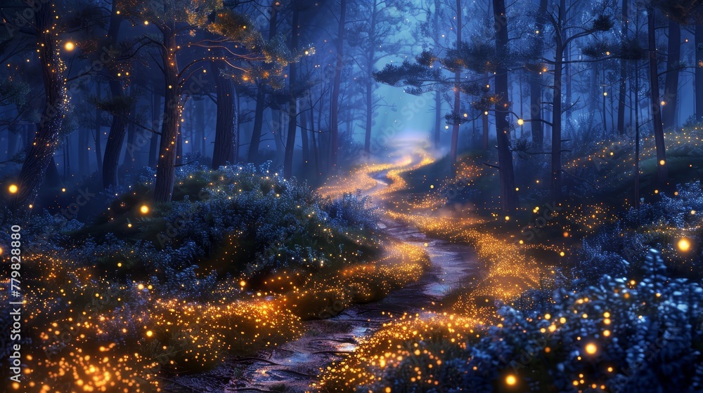 Poster a forest path is lit up with glowing lights, creating a serene and magical atmosphere. the lights ar