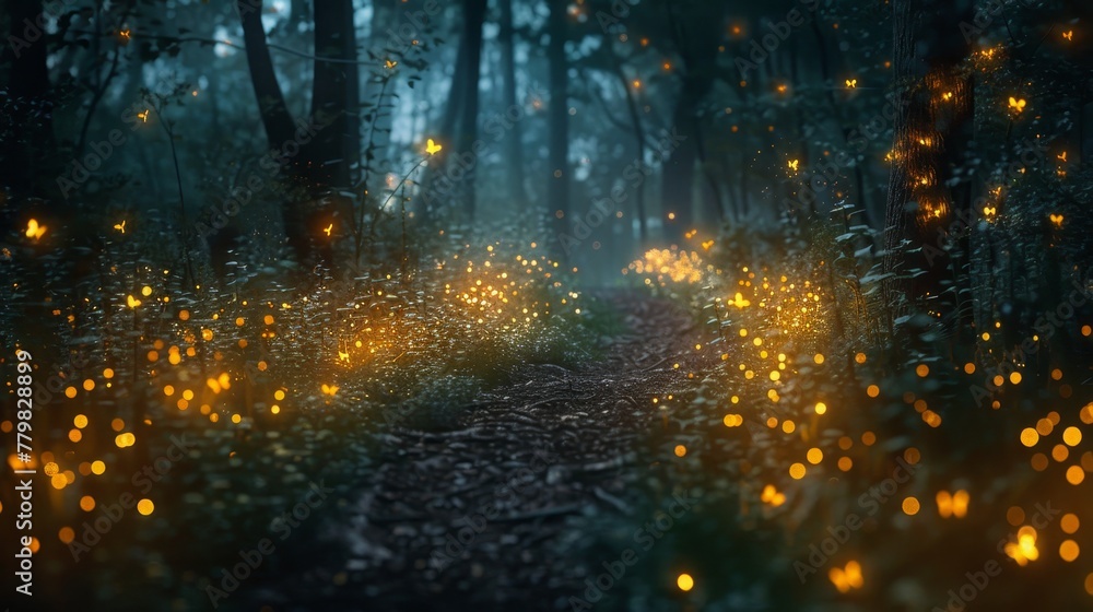 Poster a forest path is lit up with glowing lights, creating a magical and enchanting atmosphere. the light