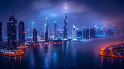 Obraz premium A city skyline with a large building in the middle. The city is lit up at night, creating a beautiful and serene atmosphere