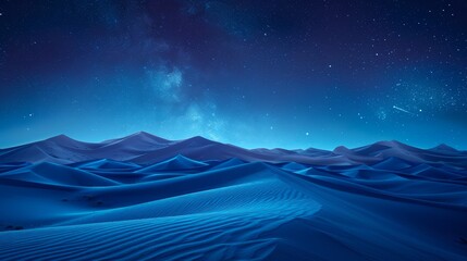 A beautiful night sky with a blue desert in the background. The stars are shining brightly and the moon is visible in the sky. The scene is peaceful and serene, with the vast expanse of the desert
