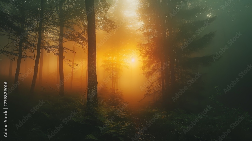 Poster a forest with trees and a sun shining through the trees