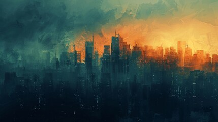 An abstract and gritty urban cityscape depicted in an illustration painting. - obrazy, fototapety, plakaty