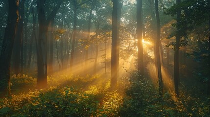 The sun is shining through the trees, casting a warm glow on the forest floor. The light is filtering through the leaves, creating a peaceful and serene atmosphere