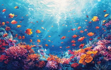 Obraz na płótnie Canvas Explore the beautiful underwater world with vibrant coral reefs and a variety of colorful fish in this stunning illustration.