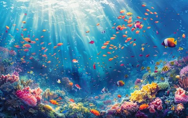 Fototapeta na wymiar Explore the beautiful underwater world with vibrant coral reefs and a variety of colorful fish in this stunning illustration.
