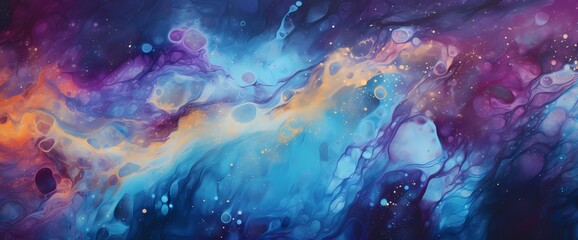 Glittering particles cascade through a vibrant tapestry of mesmerizing hues, adding a touch of magic to this bright marble ink abstract background. - obrazy, fototapety, plakaty