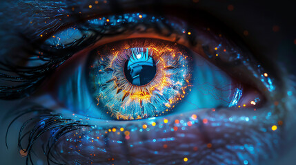 Vividly detailed holographic eye illustration iris and retina glowing